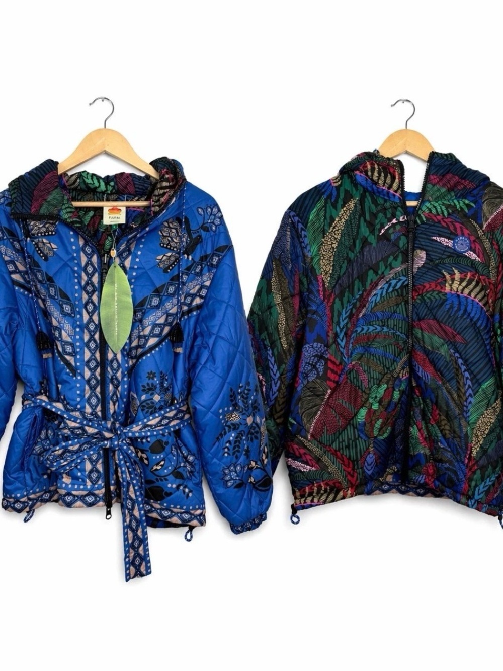 FARM Rio Blue Quilted Hooded Belted Jacket with Multi-Color Back Panel